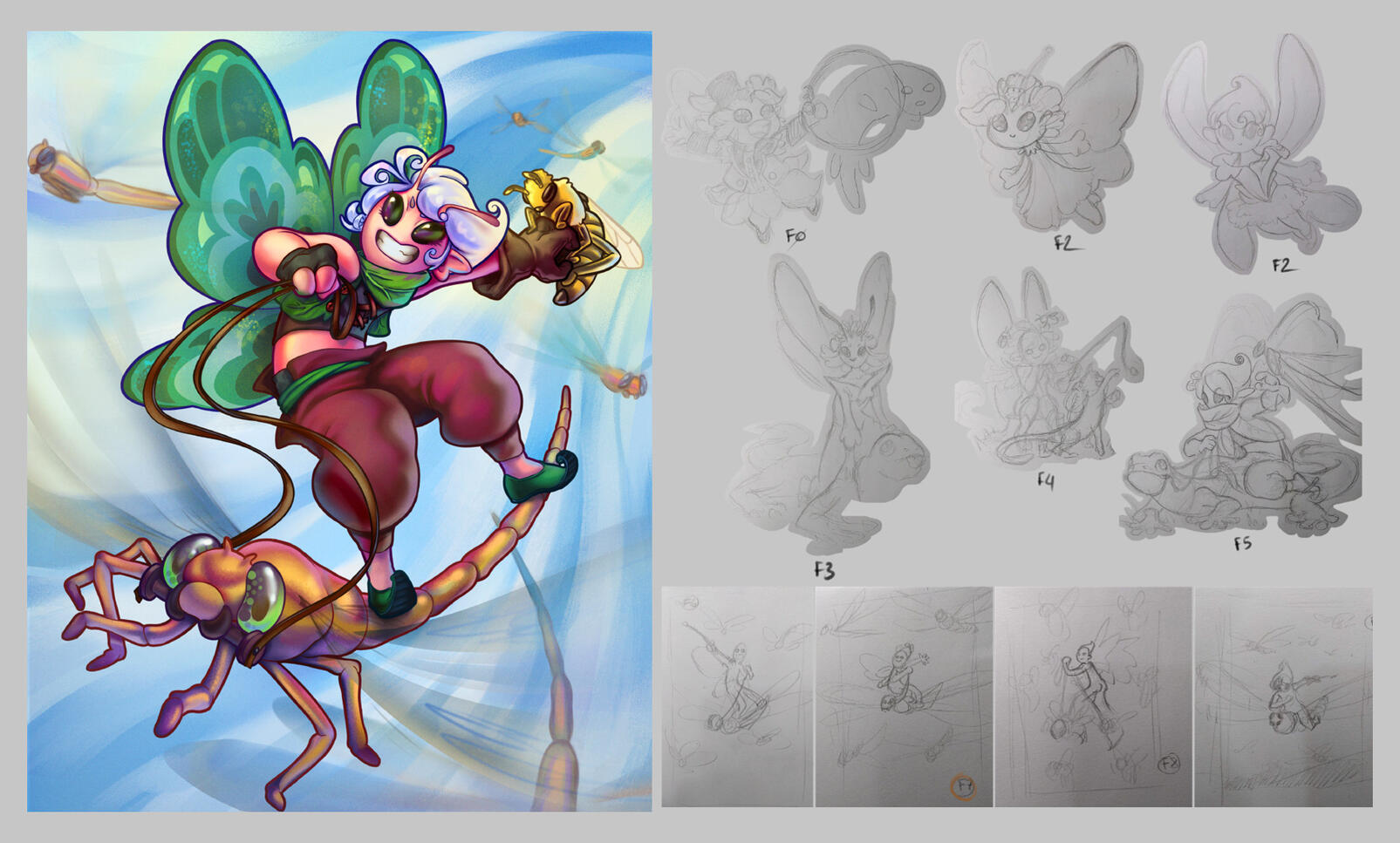 Proj. CK — "Insect Tamer". A wild fairy using their skills to ride on insects! Game card final illustration + development process, focusing on the design. I really like to use pen and paper for this step.