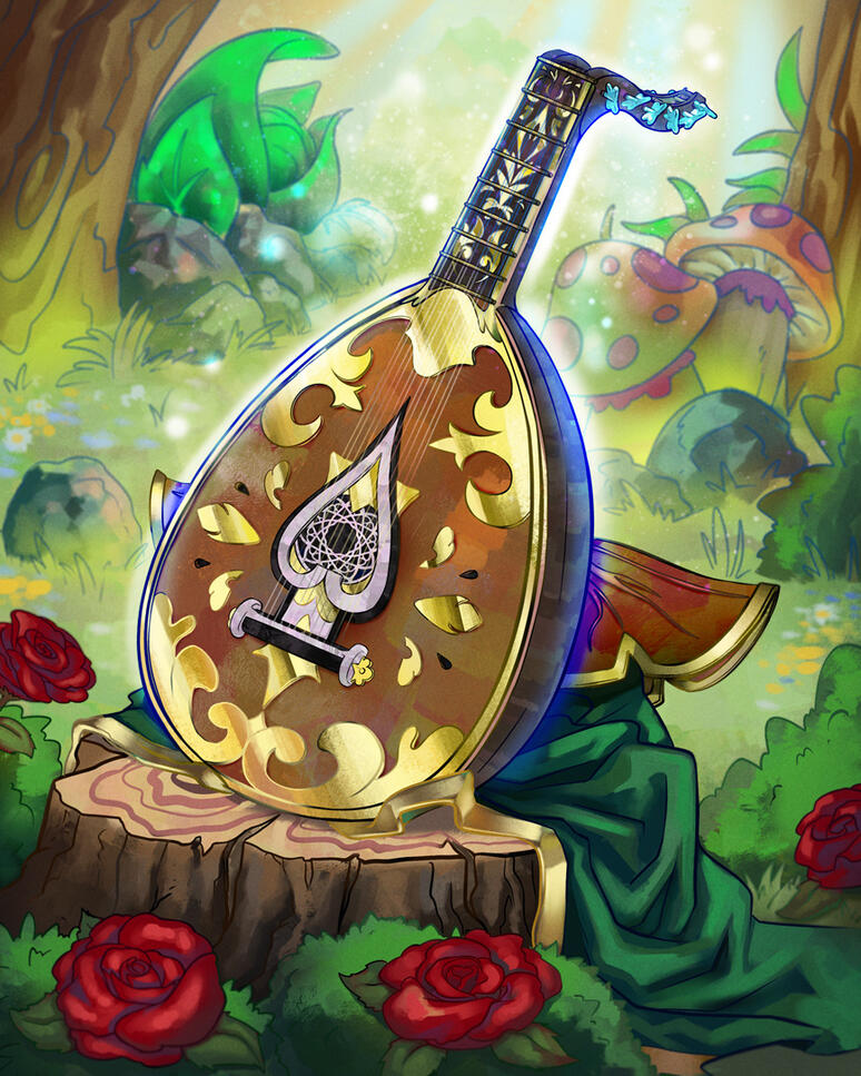 Proj. CK — "Fairy Lute". Instrument from a legendary bard, it glimmers with enchantment like the forest its wood was carved from. I received the sketch for this piece and was tasked to render it.