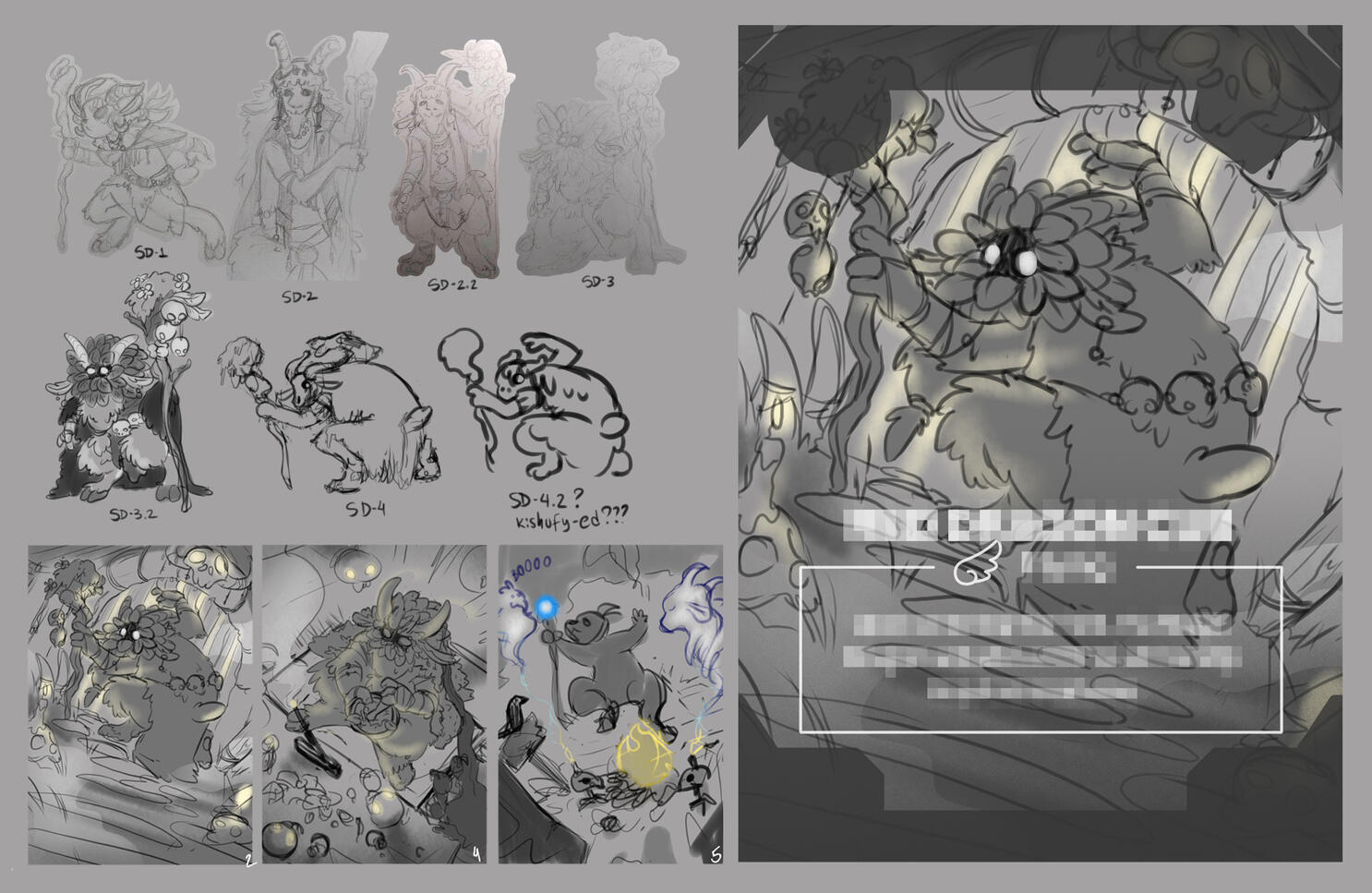 Proj. CK — "Shadow in the Woods". It's said that deep in the forest a strange creature lurks within. One conversation with them reveals that he's just very shy and polite. Thumb + Sketch process I did so another artist could finish.