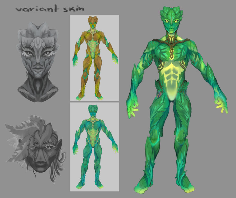 Proj. MX — "Divergent" skin concept. I felt we could break away a bit more from the base and lean more on this race's plant-base nature, so I imagine a creature that could even shed his "skin" to create a symbiosis with the local fauna.