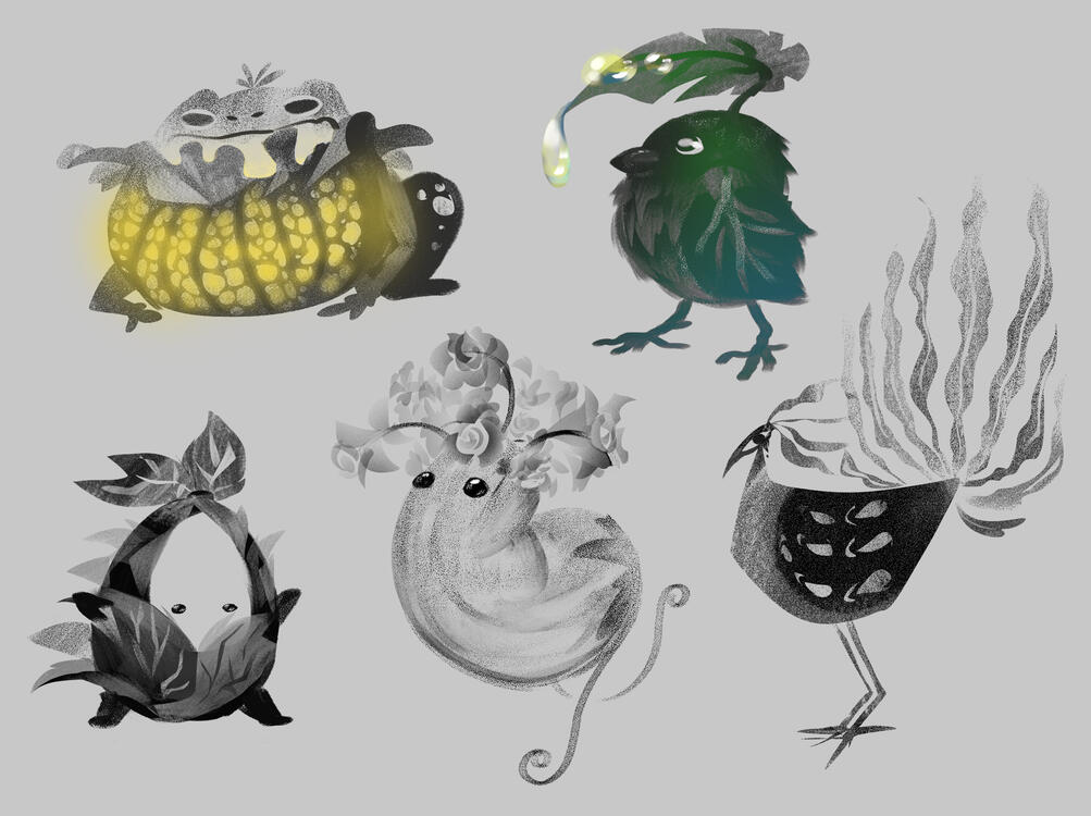 Proj. MX — Early critters&#39; exploration for a game. Its setting was a world in which most creatures developed to be partially plant-based.