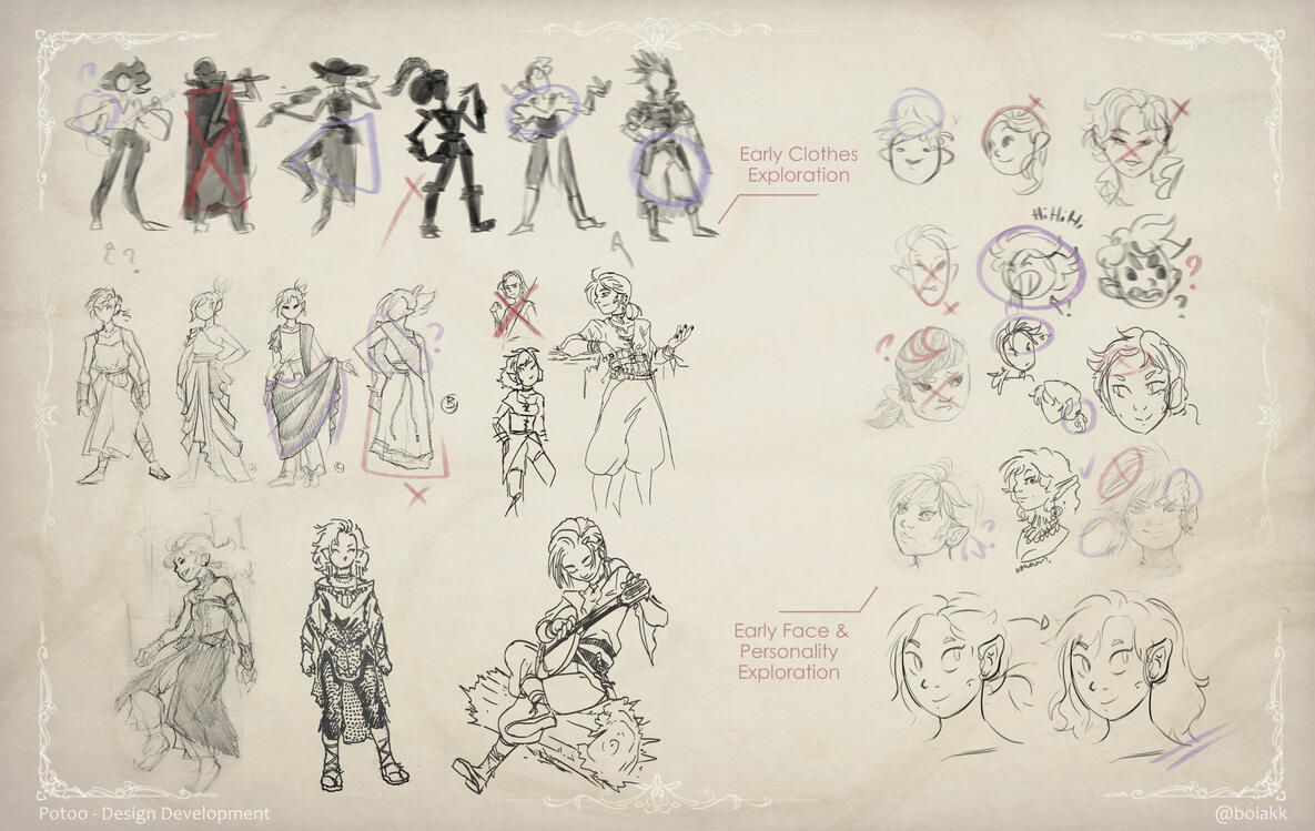 Potoo — I knew his clothes would be kinda excentric, and after a few attempts I noticed that baggy &amp; flowy were a good match for him. From silly to charming, in the end a soft face with sharp eyes really worked for his personality.