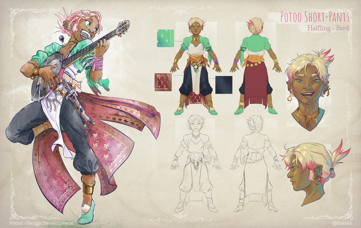 Potoo — A cheeky and annoying hafling bard that uses a magical pan for a lute. Here is the final pose and turn around, alongside a more &quot;realistic&quot; face test since as a personal project, I wanted to visualize him in different settings.