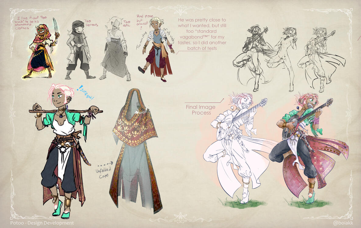 Potoo — There was a last minute change in our DnD group's lore, placing him in a middle eastern environment. I tested a few versions, the previous shapes were spot on for my taste, so a few adjustments did the trick.