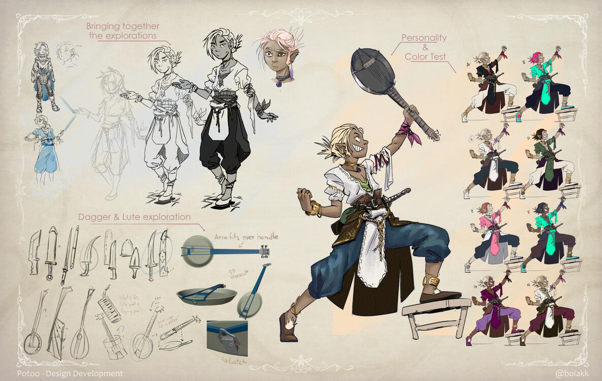 Potoo — By mixing the elements I liked, this version was, and its color tests were born. I also explored his dagger and instrument, which I knew had to be silly after testing a barrel with strings. The 3d shows how he latches the lute's neck in the pan.