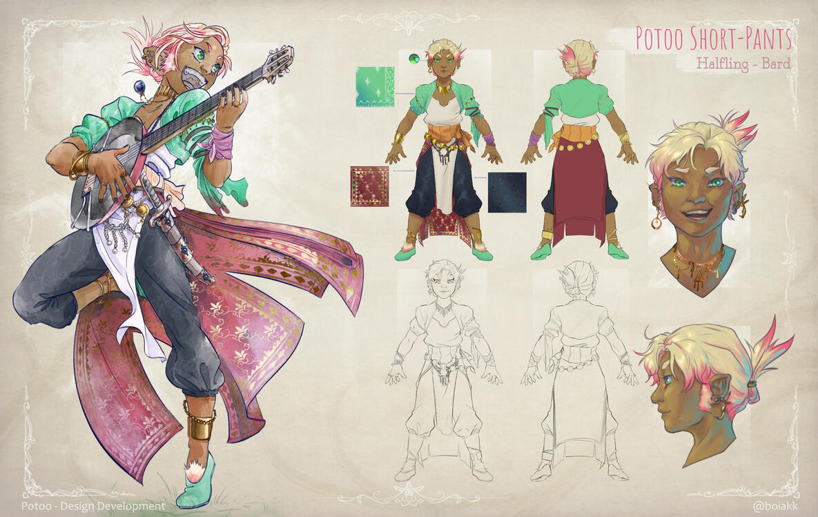 Potoo — A cheeky and annoying hafling bard that uses a magical pan for a lute. Here is the final pose and turn around, alongside a more "realistic" face test since as a personal project, I wanted to visualize him in different settings.