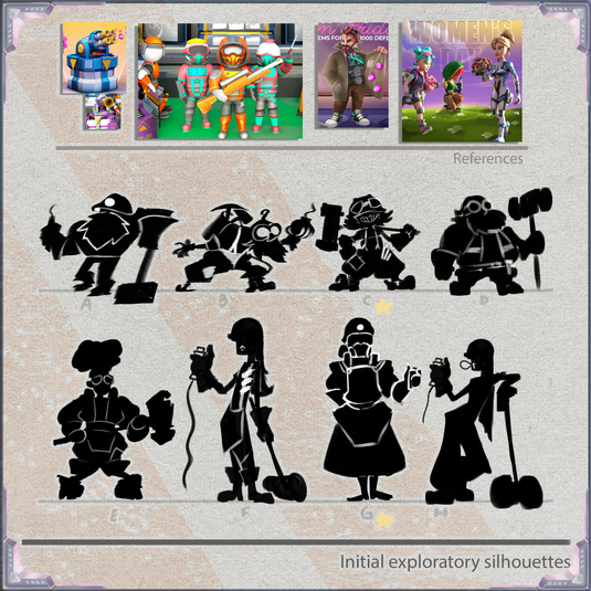 RR — Based on the research, I explored concepts using silhouettes. Despite the references, however, it was asked the character to be a bit more &quot;cartoony&quot; than the references.