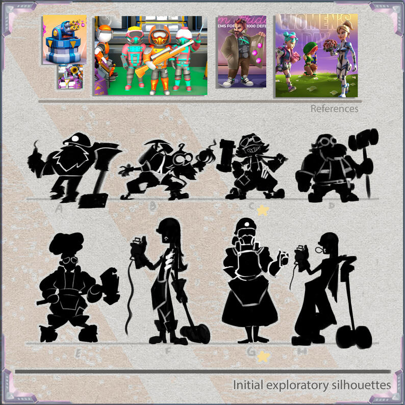 R.R. — Above are the references from the game, however I was asked to make them a bit more "cartoonish". For this reason, and considering it's a mobile game, I focused on bigger shapes for readability.