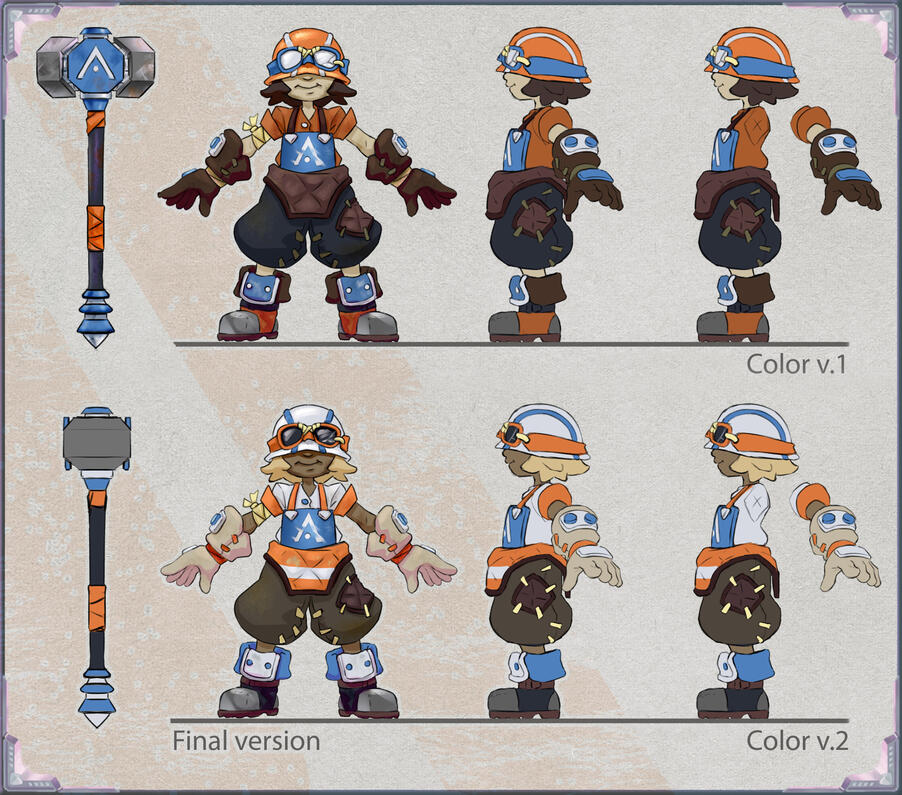 R.R. — Concept of a "demolitionist" for a Tower Defense mobile game. This is the final turn around, with 2 color variations as requested.