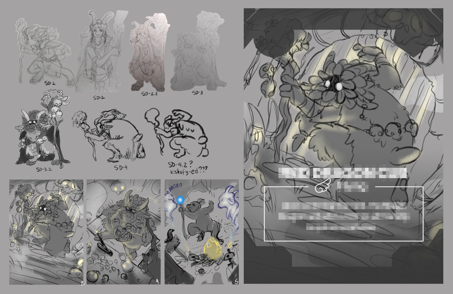 Proj. CK - "Shadow in the Woods". It's said that deep in the forest we can find this creepy creature of the night, that upon interaction reveals to be very shy and polite. Thumb and sketch process I did, made to be repassed to another artist.