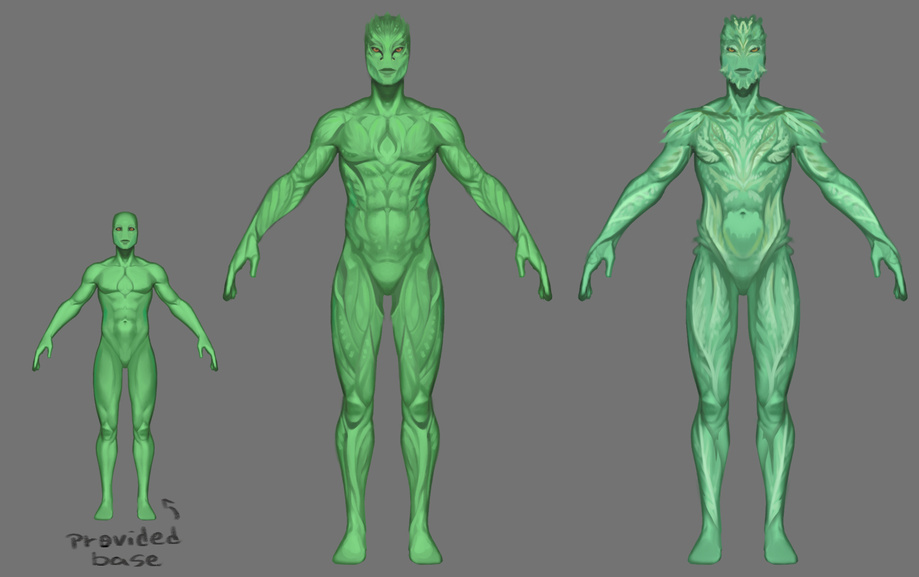 Proj. MX - Playable character skins concept. As the main race residing this world, these were some of the options the player could choose. Design done over the provided base, keeping it's overall appearance while adding a "leafy" feeling to it.