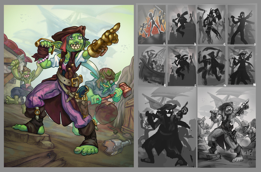 Proj. CK - "Green Troupe". Card depicting a goblin's pirate crew causing ruckus on town! Final illustration + process images (focusing on the thumbnails)