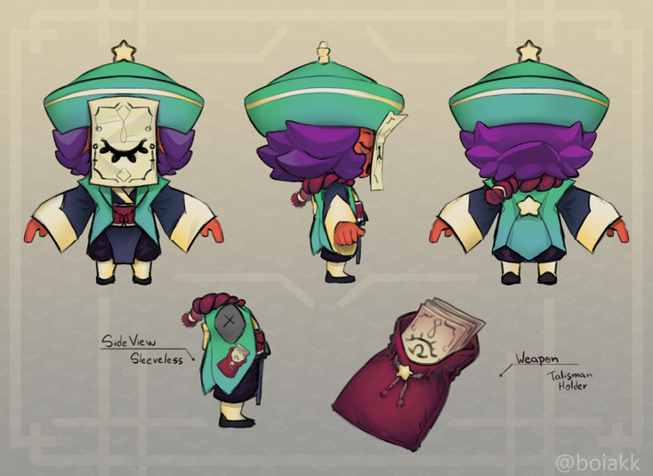 Sleep-Hopper Sandy — Sandy is a character always falling asleep, so I based my concept on the 'Jiangshi', since if those talismans can bring bodies back to life, waking up the sleepyhead should be a cake walk!